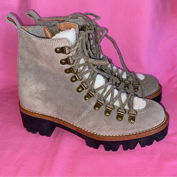 Jeffrey Campbell Gray Suede Lace Up Boots Sherpa Culvert White Cream Beige 6.5 8 - Picture 6 of 13